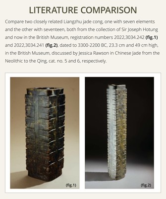 Lot 69 - A LARGE AND IMPORTANT ELEVEN-TIERED JADE CONG, NEOLITHIC PERIOD, LIANGZHU CULTURE
