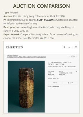 Lot 69 - A LARGE AND IMPORTANT ELEVEN-TIERED JADE CONG, NEOLITHIC PERIOD, LIANGZHU CULTURE