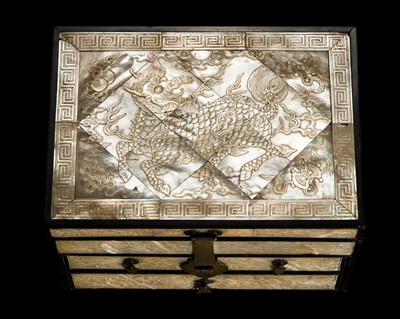 Lot 128 - A FINE MOTHER-OF-PEARL INLAID ‘QILIN’ SEAL CHEST AND STAND, GUANPIXIANG, QING DYNASTY