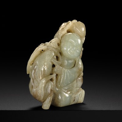 Lot 119 - A PALE CELADON JADE FIGURE OF A BOY WITH A SHEEP, EARLY QING DYNASTY
