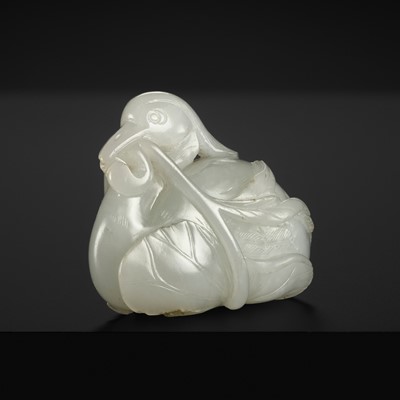 Lot 122 - A FINE WHITE JADE ‘MANDARIN DUCK AND LOTUS’ CARVING, QING DYNASTY