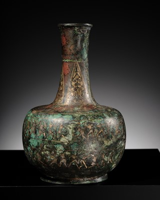 Lot 139 - A RARE SILVER-INLAID BRONZE BOTTLE VASE, WARRING STATES PERIOD-HAN DYNASTY