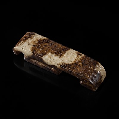 Lot 211 - A WHITE AND BLACK JADE SCABBARD SLIDE, WARRING STATES PERIOD-WESTERN HAN DYNASTY