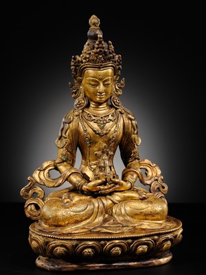 Lot 69 - A FINELY INLAID GILT-BRONZE FIGURE OF AMITAYUS, NEPAL, 19TH-FIRST HALF OF 20TH CENTURY