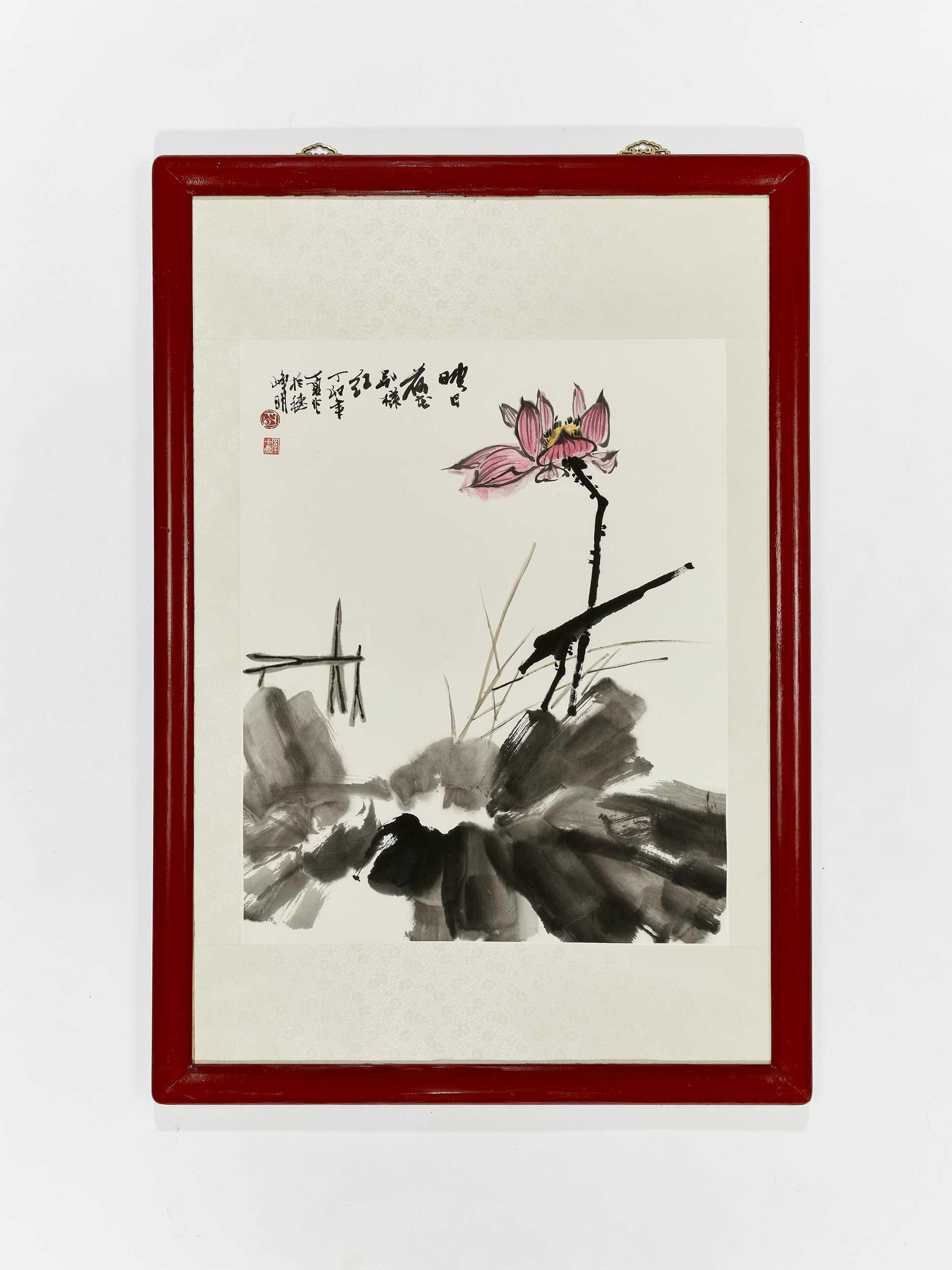 Lot 471 - A PAINTING OF A LOTUS FLOWER, DATED 1987