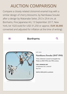Lot 146 - NAMIKAWA SOSUKE: A FINE CLOISONNÉ ENAMEL ‘BLOSSOMING CHERRY’ TRAY AFTER A DESIGN OF WATANABE SHOTEI