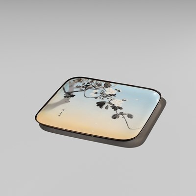 Lot 146 - NAMIKAWA SOSUKE: A FINE CLOISONNÉ ENAMEL ‘BLOSSOMING CHERRY’ TRAY AFTER A DESIGN OF WATANABE SHOTEI