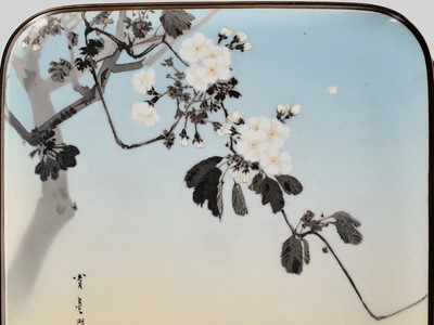 Lot 146 - NAMIKAWA SOSUKE: A FINE CLOISONNÉ ENAMEL ‘BLOSSOMING CHERRY’ TRAY AFTER A DESIGN OF WATANABE SHOTEI
