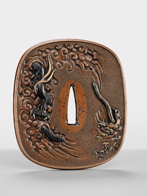 Lot 57 - TSUCHIYA YASUCHIKA V: A LARGE AND SUPERB SUAKA ‘DRAGON’ TSUBA
