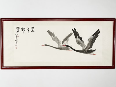 Lot 982 - A LARGE PAINTING DEPICTING FLYING GEESE, DATED 1987