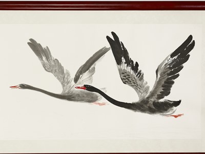 Lot 982 - A LARGE PAINTING DEPICTING FLYING GEESE, DATED 1987