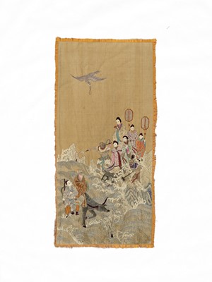 Lot 1004 - A ‘SATIN STICH’ EMBROIDERY OF IMMORTALS CROSSING THE SEA, LATE QING