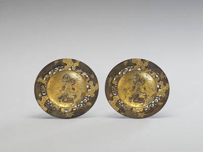 Lot 8 - TWO IMPRESSIVE GILT METAL PLATES WITH BENTEN AND DRAGON