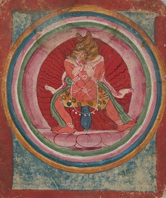 Lot 83 - A BARDO TSAKLI (INITIATION CARD) DEPICTING A TIGER-HEADED DEITY, TIBET, 16TH-17TH CENTURY