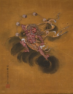 Lot 263 - OGAWA HARITSU: A VERY RARE LACQUER PAINTING DEPICTING THE THUNDER GOD RAIJIN