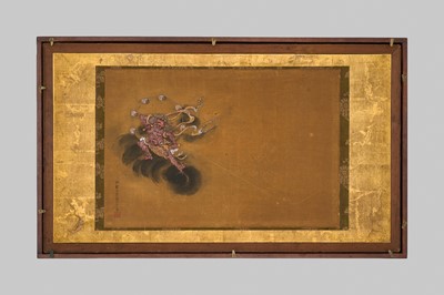 Lot 263 - OGAWA HARITSU: A VERY RARE LACQUER PAINTING DEPICTING THE THUNDER GOD RAIJIN