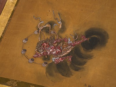 Lot 263 - OGAWA HARITSU: A VERY RARE LACQUER PAINTING DEPICTING THE THUNDER GOD RAIJIN