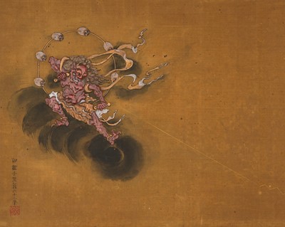 Lot 263 - OGAWA HARITSU: A VERY RARE LACQUER PAINTING DEPICTING THE THUNDER GOD RAIJIN