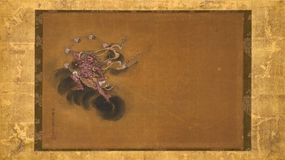 Lot 263 - OGAWA HARITSU: A VERY RARE LACQUER PAINTING DEPICTING THE THUNDER GOD RAIJIN