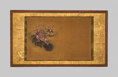 Lot 263 - OGAWA HARITSU: A VERY RARE LACQUER PAINTING DEPICTING THE THUNDER GOD RAIJIN