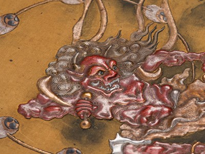 Lot 263 - OGAWA HARITSU: A VERY RARE LACQUER PAINTING DEPICTING THE THUNDER GOD RAIJIN