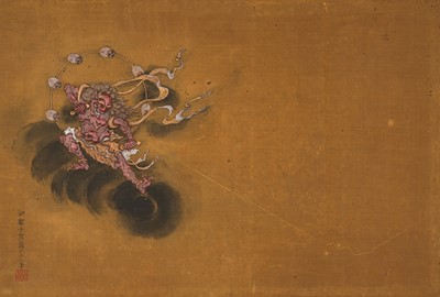 Lot 263 - OGAWA HARITSU: A VERY RARE LACQUER PAINTING DEPICTING THE THUNDER GOD RAIJIN