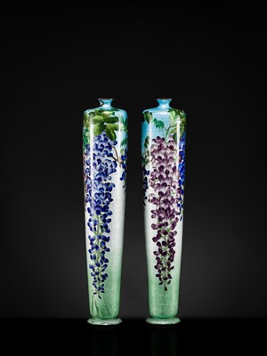 Lot 136 - KUMENO TEITARO: A SUPERB PAIR OF EXCEPTIONALLY LARGE (65 CM) GINBARI CLOISONÉ ENAMEL ‘BLOOMING WISTERIA’ VASES