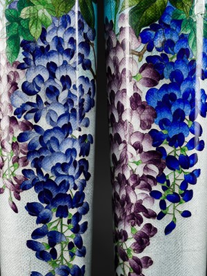 Lot 136 - KUMENO TEITARO: A SUPERB PAIR OF EXCEPTIONALLY LARGE (65 CM) GINBARI CLOISONÉ ENAMEL ‘BLOOMING WISTERIA’ VASES