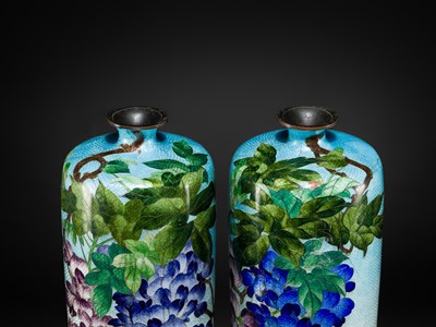 Lot 136 - KUMENO TEITARO: A SUPERB PAIR OF EXCEPTIONALLY LARGE (65 CM) GINBARI CLOISONÉ ENAMEL ‘BLOOMING WISTERIA’ VASES