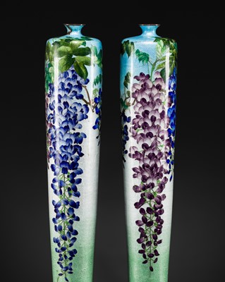 Lot 136 - KUMENO TEITARO: A SUPERB PAIR OF EXCEPTIONALLY LARGE (65 CM) GINBARI CLOISONÉ ENAMEL ‘BLOOMING WISTERIA’ VASES