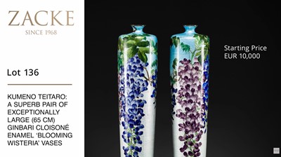 Lot 136 - KUMENO TEITARO: A SUPERB PAIR OF EXCEPTIONALLY LARGE (65 CM) GINBARI CLOISONÉ ENAMEL ‘BLOOMING WISTERIA’ VASES