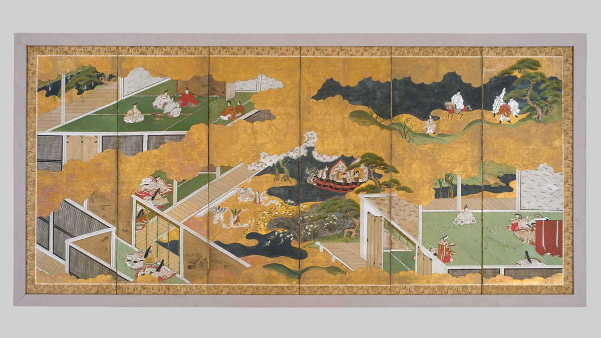 A FINE SIX-PANEL ‘TALE OF GENJI’ BYOBU (FOLDING SCREEN)