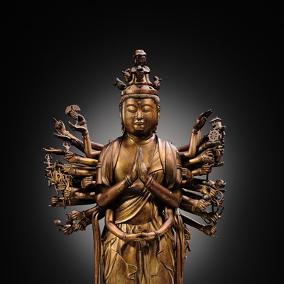Lot 107 - A HIGHLY IMPORTANT AND EXCEEDINGLY RARE GILT-BRONZE FIGURE OF SENJU KANNON, THE THOUSAND-ARMED AND ELEVEN-HEADED AVALOKITESHVARA, C. 1300-1450