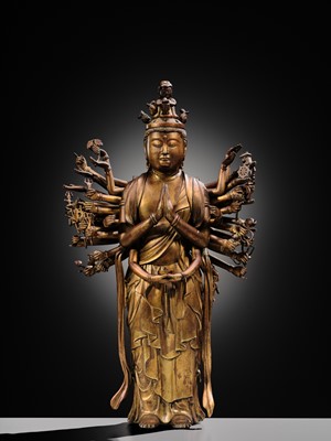 Lot 107 - A HIGHLY IMPORTANT AND EXCEEDINGLY RARE GILT-BRONZE FIGURE OF SENJU KANNON, THE THOUSAND-ARMED AND ELEVEN-HEADED AVALOKITESHVARA, C. 1300-1450
