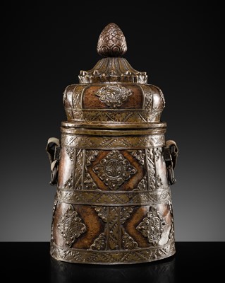 Lot 11 - A COPPER REPOUSSÉ MOUNTED BRASS BEER FLASK, CHHAANG, TIBET, 18TH-19TH CENTURY
