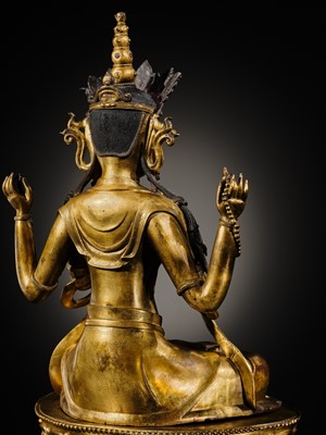 Lot 75 - A LARGE AND FINELY INLAID SINO-TIBETAN GILT-BRONZE FIGURE OF THE FOUR-ARMED GUANYIN, SHADAKSHARI LOKESHVARA, MING DYNASTY, 16TH TO EARLY 17TH CENTURY