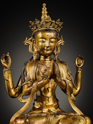Lot 75 - A LARGE AND FINELY INLAID SINO-TIBETAN GILT-BRONZE FIGURE OF THE FOUR-ARMED GUANYIN, SHADAKSHARI LOKESHVARA, MING DYNASTY, 16TH TO EARLY 17TH CENTURY