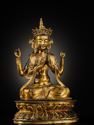 Lot 75 - A LARGE AND FINELY INLAID SINO-TIBETAN GILT-BRONZE FIGURE OF THE FOUR-ARMED GUANYIN, SHADAKSHARI LOKESHVARA, MING DYNASTY, 16TH TO EARLY 17TH CENTURY