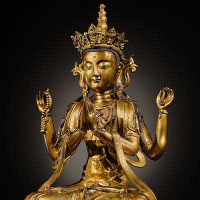 Lot 75 - A LARGE AND FINELY INLAID SINO-TIBETAN GILT-BRONZE FIGURE OF THE FOUR-ARMED GUANYIN, SHADAKSHARI LOKESHVARA, MING DYNASTY, 16TH TO EARLY 17TH CENTURY