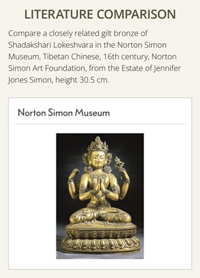 Lot 75 - A LARGE AND FINELY INLAID SINO-TIBETAN GILT-BRONZE FIGURE OF THE FOUR-ARMED GUANYIN, SHADAKSHARI LOKESHVARA, MING DYNASTY, 16TH TO EARLY 17TH CENTURY