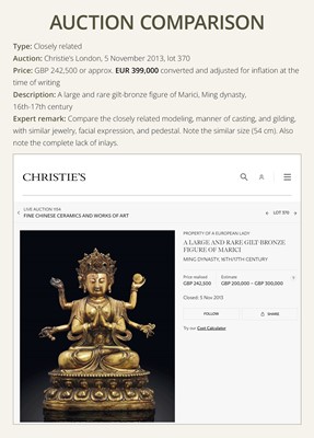 Lot 75 - A LARGE AND FINELY INLAID SINO-TIBETAN GILT-BRONZE FIGURE OF THE FOUR-ARMED GUANYIN, SHADAKSHARI LOKESHVARA, MING DYNASTY, 16TH TO EARLY 17TH CENTURY