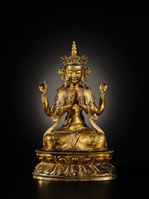 Lot 75 - A LARGE AND FINELY INLAID SINO-TIBETAN GILT-BRONZE FIGURE OF THE FOUR-ARMED GUANYIN, SHADAKSHARI LOKESHVARA, MING DYNASTY, 16TH TO EARLY 17TH CENTURY