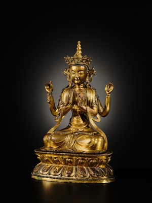 Lot 75 - A LARGE AND FINELY INLAID SINO-TIBETAN GILT-BRONZE FIGURE OF THE FOUR-ARMED GUANYIN, SHADAKSHARI LOKESHVARA, MING DYNASTY, 16TH TO EARLY 17TH CENTURY
