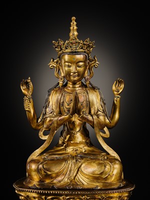 Lot 75 - A LARGE AND FINELY INLAID SINO-TIBETAN GILT-BRONZE FIGURE OF THE FOUR-ARMED GUANYIN, SHADAKSHARI LOKESHVARA, MING DYNASTY, 16TH TO EARLY 17TH CENTURY