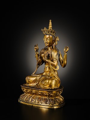 Lot 75 - A LARGE AND FINELY INLAID SINO-TIBETAN GILT-BRONZE FIGURE OF THE FOUR-ARMED GUANYIN, SHADAKSHARI LOKESHVARA, MING DYNASTY, 16TH TO EARLY 17TH CENTURY