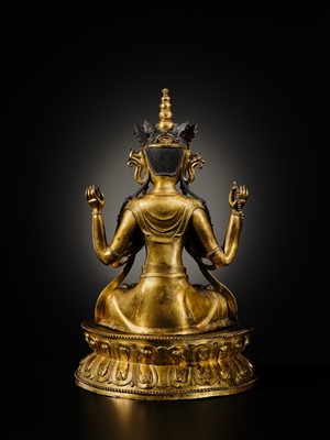 Lot 75 - A LARGE AND FINELY INLAID SINO-TIBETAN GILT-BRONZE FIGURE OF THE FOUR-ARMED GUANYIN, SHADAKSHARI LOKESHVARA, MING DYNASTY, 16TH TO EARLY 17TH CENTURY