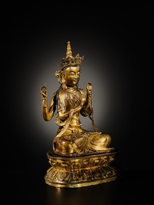Lot 75 - A LARGE AND FINELY INLAID SINO-TIBETAN GILT-BRONZE FIGURE OF THE FOUR-ARMED GUANYIN, SHADAKSHARI LOKESHVARA, MING DYNASTY, 16TH TO EARLY 17TH CENTURY