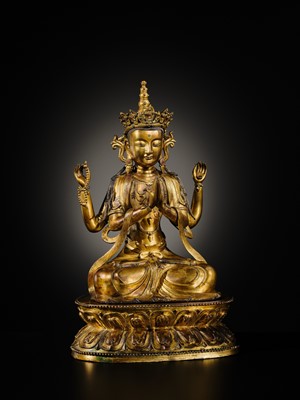 Lot 75 - A LARGE AND FINELY INLAID SINO-TIBETAN GILT-BRONZE FIGURE OF THE FOUR-ARMED GUANYIN, SHADAKSHARI LOKESHVARA, MING DYNASTY, 16TH TO EARLY 17TH CENTURY