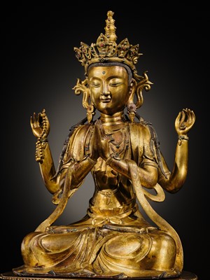 Lot 75 - A LARGE AND FINELY INLAID SINO-TIBETAN GILT-BRONZE FIGURE OF THE FOUR-ARMED GUANYIN, SHADAKSHARI LOKESHVARA, MING DYNASTY, 16TH TO EARLY 17TH CENTURY