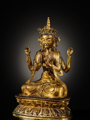 Lot 75 - A LARGE AND FINELY INLAID SINO-TIBETAN GILT-BRONZE FIGURE OF THE FOUR-ARMED GUANYIN, SHADAKSHARI LOKESHVARA, MING DYNASTY, 16TH TO EARLY 17TH CENTURY